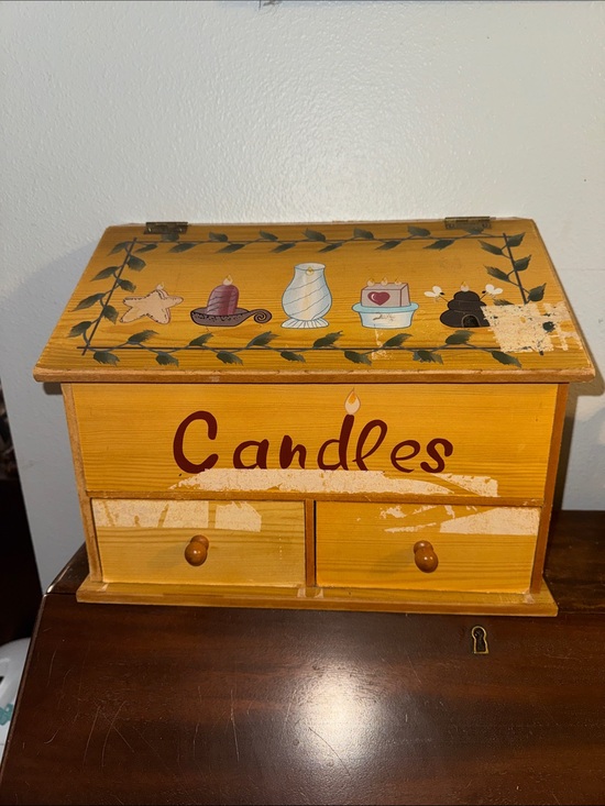 Vintage Other - Hand-Painted Candle Wooden Storage Box Farmhouse Country Folk-Art